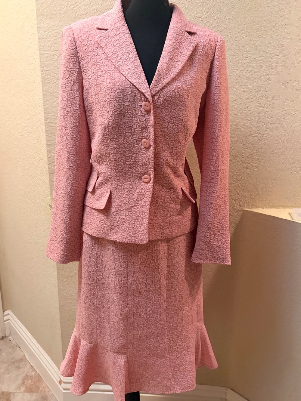 Classic Pink Textured Blazer and Skirt Set